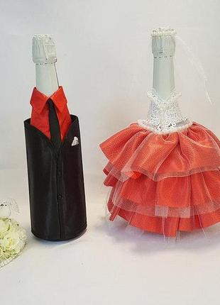 Украшение для свадебного шампанского  черный, красный2 фото
