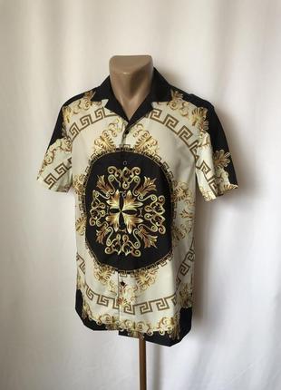 Рубашка с винтажным принтом барокко тенниска сорочка короткий рукав черный с золотом good for nothing