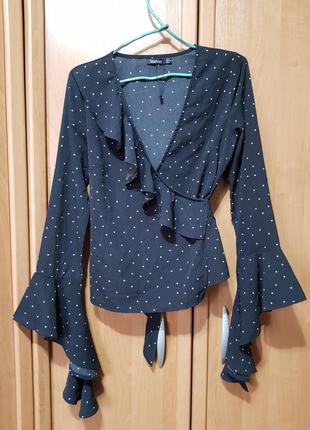 Стильна блуза на запах, чорна блузка в білий горошок