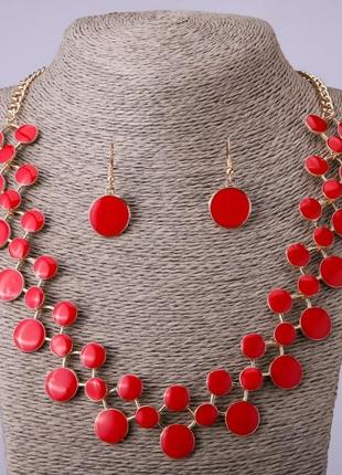 Набір кольє і сережки червона емаль l-57-64 см
