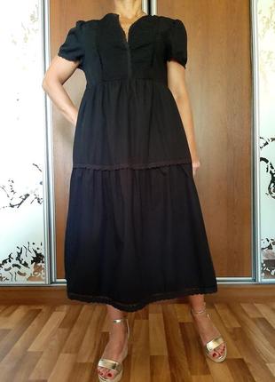 Натуральное черное ярусное платье миди из 100% хлопка2 фото