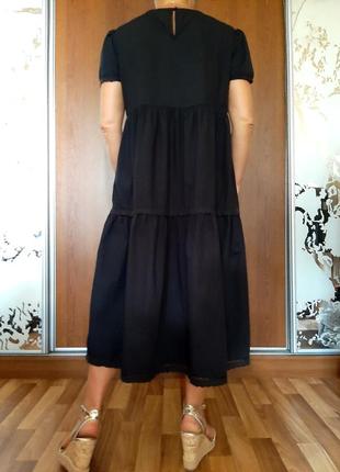 Натуральное черное ярусное платье миди из 100% хлопка8 фото