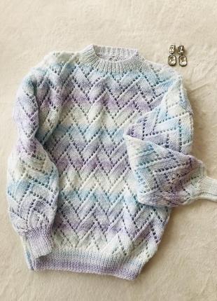 Шикарный ажурный эксклюзивный свитер ручной вязки с переходами цветов🍬8 фото