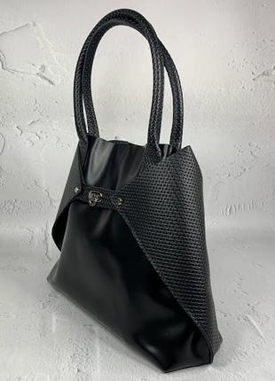 Жіноча сумка трансформер, натуральна шкіра, чорна з плетінкою1 фото