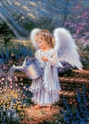 Алмазна вишивка. картина на підрамнику "янголятко в саду" , розмір 40х50