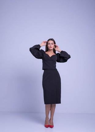 Молодежный нарядный костюм юбкой-карандаш черного цвета 44, 46, 48, 506 фото
