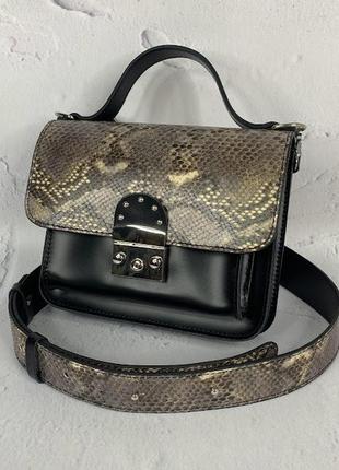 Сумка женская "бианка" натуральная кожа, черная с имитацией под питона