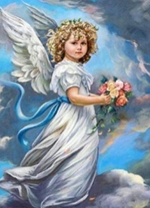 Алмазная вышивка. картина на подрамнике "ангел с цветами" , размер 40х50см