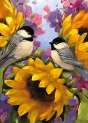 Алмазна вишивка. картина на підрамнику "соняшники і птиці", 30х30см