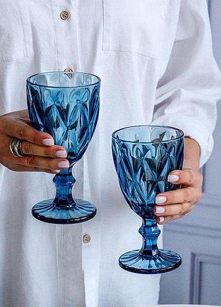 Набір келихів для вина з кольорового синього скла 320  мл 6 шт