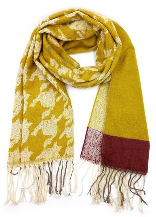 Женский шарф розовый/желтый вязаный, зимний шарф длинный с бахромой,шарф розовый/желтый с узором на зиму/осень