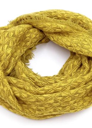 Хомут жовтий в'язаний зимовий, шарф труба жовтий жіночий з візерунком на зиму/осінь, жовтий хомут з бахромою1 фото