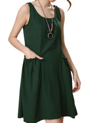Жіночий сарафан зелений короткий без рукавів з кишенями