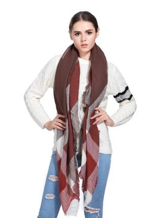 Женский шарф платок коричневый клетчатый теплый, 140*140 см3 фото