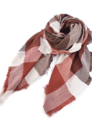 Женский шарф платок коричневый клетчатый теплый, 140*140 см5 фото