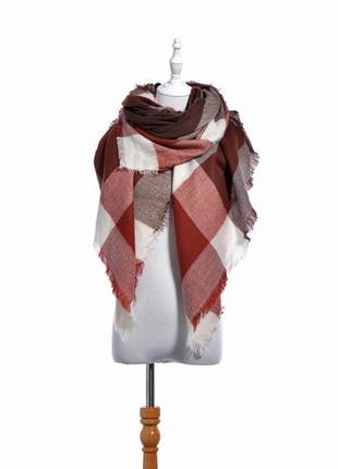 Женский шарф платок коричневый клетчатый теплый, 140*140 см6 фото