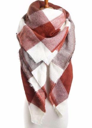 Женский шарф платок коричневый клетчатый теплый, 140*140 см10 фото