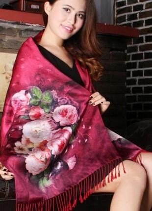 Женский шарф шелковый сливовый с бордовым  модный двухслойный с бахромой 170*50 см5 фото