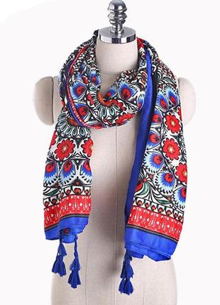Женский шарф синий с кисточками в стиле восточного бохо 190*90 см