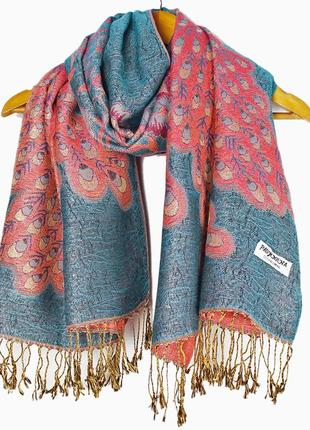 Двосторонній шарф палантин блакитний з рожевим індійський з блиском 180*70см