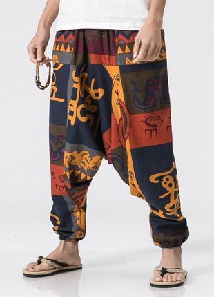 Штаны с мотней свободные прогулочные терракотово-синие в афро стиле m-xl1 фото