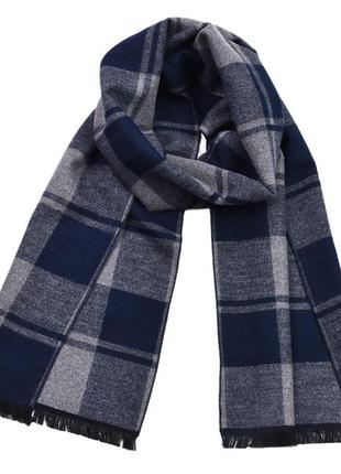Мужской шарф шерстяной синий с серым клетчатый классический зимний