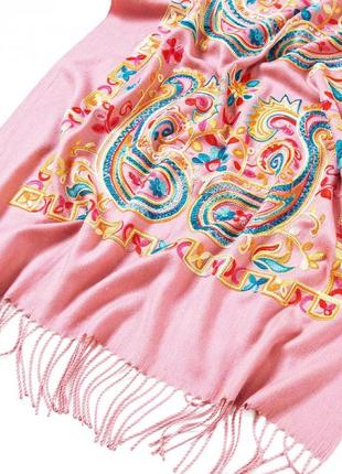 Кашемировый шарф женский розовый палантин теплый 180*70 см с вышивкой