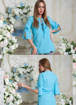 Блуза летняя удлиненная из тонкой ткани софт с завязками на декольте и рукавах5 фото
