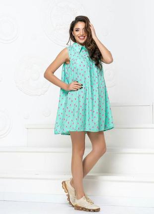 Свободное летнее платье туника мятного цвета из штапеля2 фото
