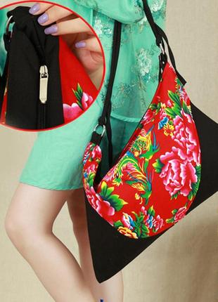 Тканевая сумка женская через плечо повседневная зеленая с цветами 48*32*102 фото