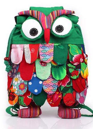 Детский рюкзак сова зеленый мягкий тканевый