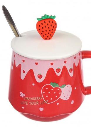 Чашка клубника розовая для кофе,чая с ложкой и крышкой 300 мл.,кружка strawberry с клубникой красная керамика2 фото