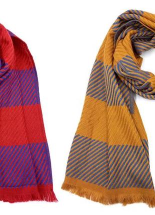 Шарф червоний з синім в смужку в'язаний, чоловічий/жіночий шарф жовтий з синім в смужку, довгий смугастий шарф