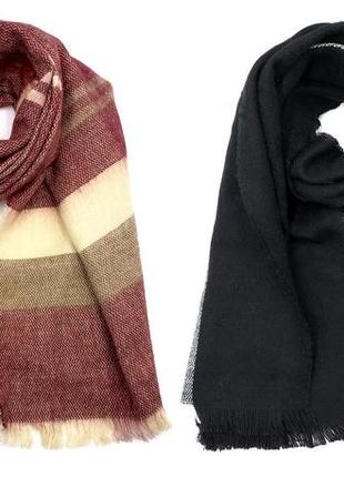 Женский/мужской шарф черный в полоску вязаный, зимний шарф бордовый в клетку, длинный шарф черный/бордовый