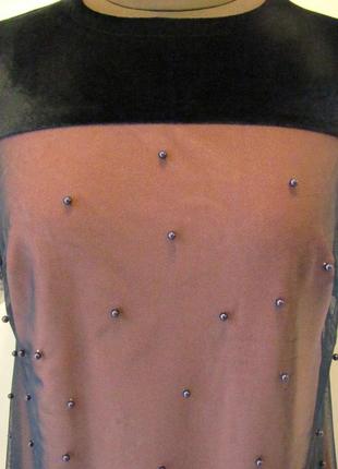 Платье нарядное трапеция персикового цвета с черной сеткой и бусинами по всему платью, размер 48 код 1371м2 фото