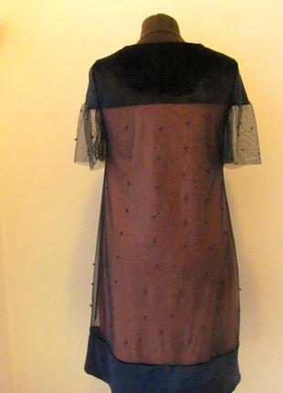 Платье нарядное трапеция персикового цвета с черной сеткой и бусинами по всему платью, размер 48 код 1371м3 фото