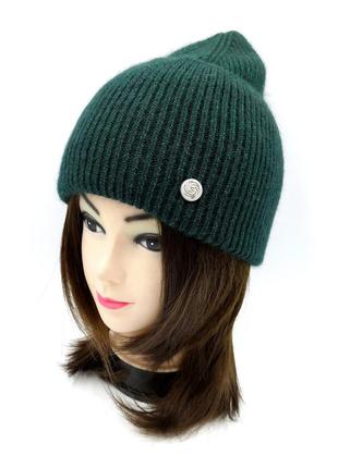Женская шапка зеленая блестящая из шерсти на зиму, зимняя вязаная зеленая шапка с люрексом шерстяная