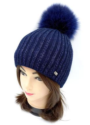 Зимняя вязаная шапка голубая синяя на флисе, женская/детская теплая шапка с помпоном на зиму из акрила