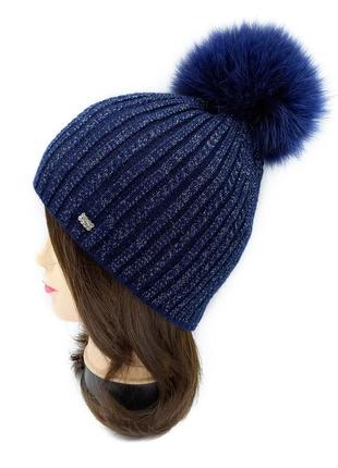 Зимняя вязаная шапка голубая синяя на флисе, женская/детская теплая шапка с помпоном на зиму из акрила2 фото