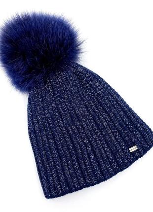 Зимняя вязаная шапка голубая синяя на флисе, женская/детская теплая шапка с помпоном на зиму из акрила3 фото