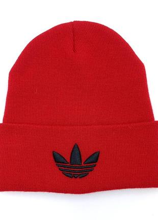 Шапка adidas красная мужская/женская вязаная, теплая красная шапка адидас на зиму/осень с отворотом4 фото