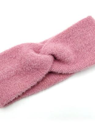 Женская повязка розовая на зиму/осень 56 р., теплая повязка чалма с узлом на голову шерстяная ангора норка1 фото