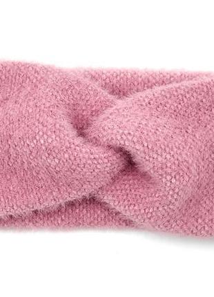 Женская повязка розовая на зиму/осень 56 р., теплая повязка чалма с узлом на голову шерстяная ангора норка7 фото
