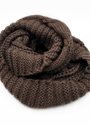 Мужской/женский/детский хомут темно коричневый вязаный, теплый шарф снуд коричневый на зиму/осень шерстяной