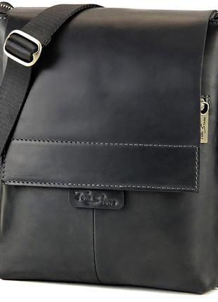 Черная сумка планшет из кожи с ремнем tom stone, средняя сумка мессенджер черная матовая мужская через плечо1 фото