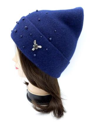 Жіноча синя шапка з намистинами з вовни, ангори atrics, тепла в'язана шапка зі стразами на зиму 56-59 розмір2 фото