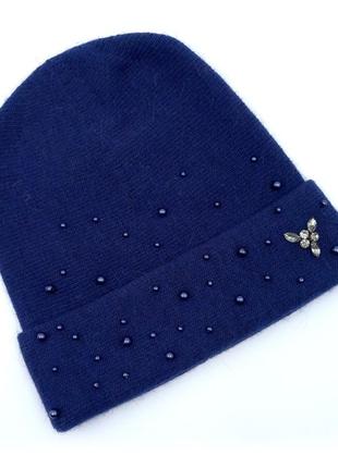 Жіноча синя шапка з намистинами з вовни, ангори atrics, тепла в'язана шапка зі стразами на зиму 56-59 розмір3 фото