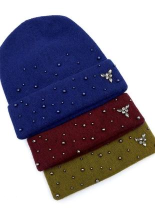 Жіноча синя шапка з намистинами з вовни, ангори atrics, тепла в'язана шапка зі стразами на зиму 56-59 розмір6 фото
