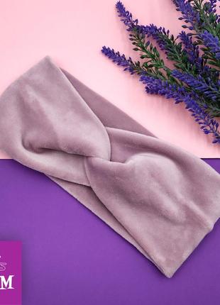 Тепла пов'язка для волосся пудра оксамитова 54-56р., жіноча рожева пов'язка з вузлом чалма на голову зима/осінь