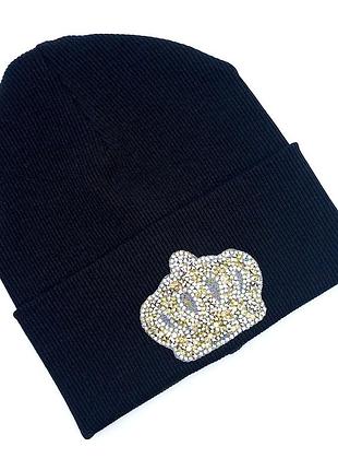 Детская шапка черная корона микки маус на зиму/осень акриловая, теплая черная шапка со стразами для девочки 48